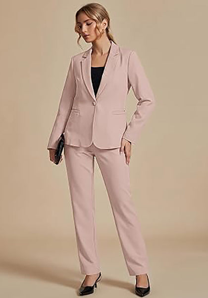 Peach Blush Women's Elegant Business Pantsuit — Single Button Blazer & High Waisted Pants with Adjustable Waistband