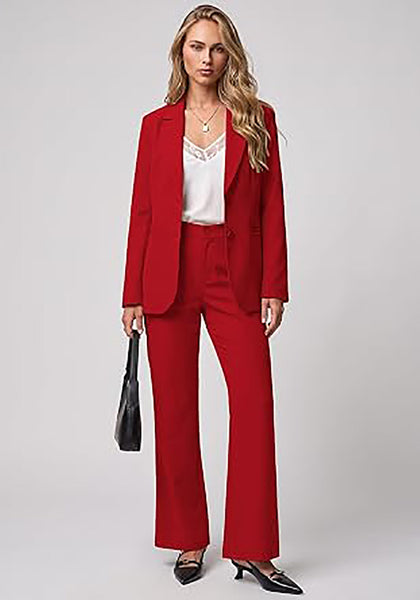 Red Women's 2 Piece Pant Suits, Business Casual Buttoned Blazer and High Waisted Bootcut Pants Set, 29" Inseam Professional Office Fall Teacher Outfits