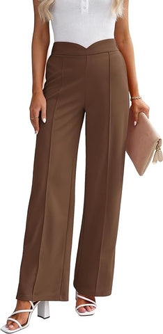 Brown Women's Stretch Business Casual High Waisted Work Office Wide Leg Trouser Pants