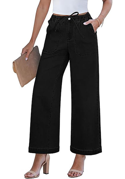 Washed Black Cropped Wide Leg High Waisted Drawstring Denim Jeans For Women