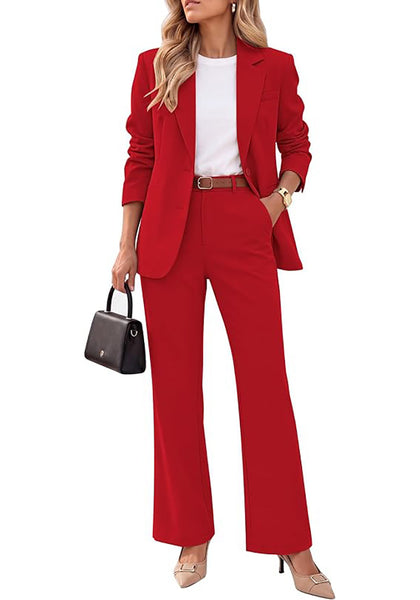 Red Women's 2 Piece Pant Suits, Business Casual Buttoned Blazer and High Waisted Bootcut Pants Set, 29" Inseam Professional Office Fall Teacher Outfits