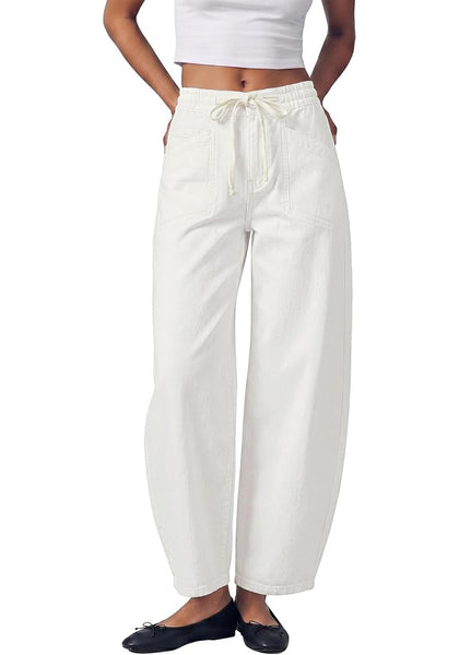 GRAPENT Women's High Waisted Barrel Jeans | Stretchy Denim, Elastic Drawstring Waist, 27.5" Inseam, Front Patch Pockets, Dressy Casual Outfits
