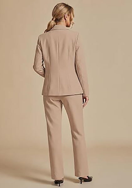 Beige Women's Elegant Business Pantsuit — Single Button Blazer & High Waisted Pants with Adjustable Waistband