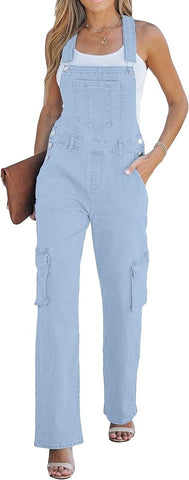 Cool Blue Women's Casual Adjustable Strap Wide Leg Jumpsuit with Pocket Jeans Trouser