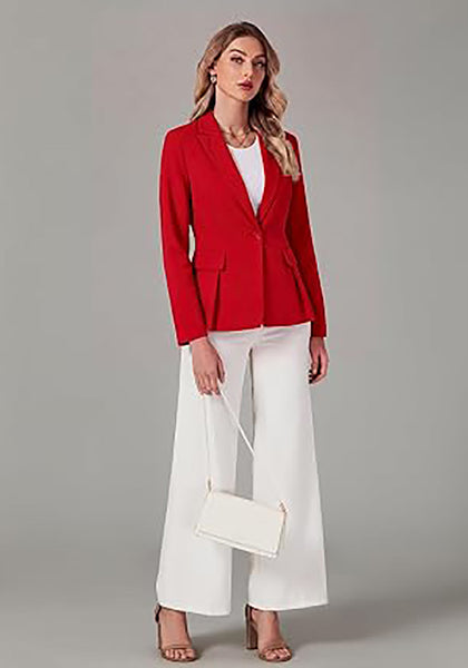 Red Women's Peplum Suit Jacket Blazer, Tailored Fitted Long Sleeve with Built-in Shoulder Pads, Dressy Casual for Office, Business & Everyday Wear