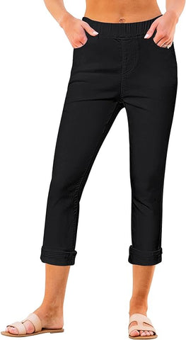 Always Black Women's High Waisted Elastic Slight Stretch Denim Pull On Cuffed Hem Capri Jeans Denim Pants