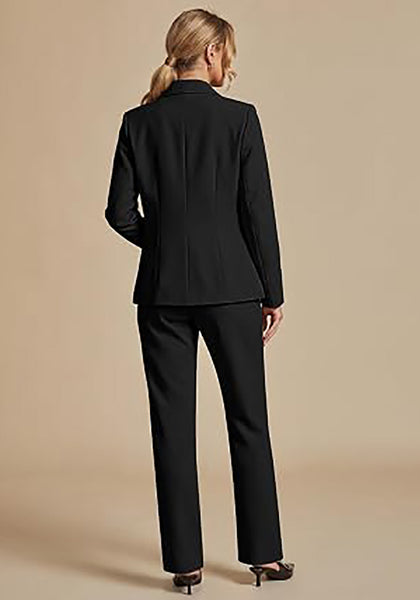 Black Women's Elegant Business Pantsuit — Single Button Blazer & High Waisted Pants with Adjustable Waistband
