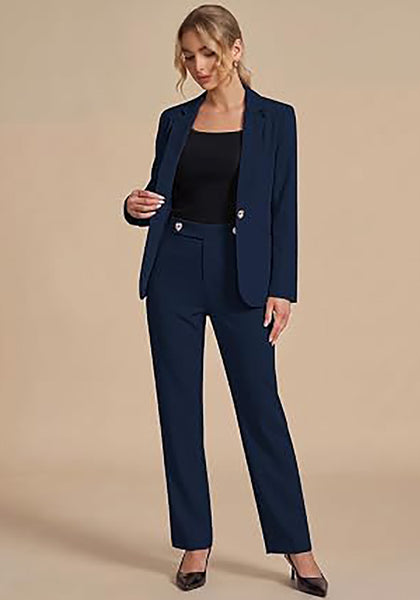 Navy Blue Women's Elegant Business Pantsuit — Single Button Blazer & High Waisted Pants with Adjustable Waistband
