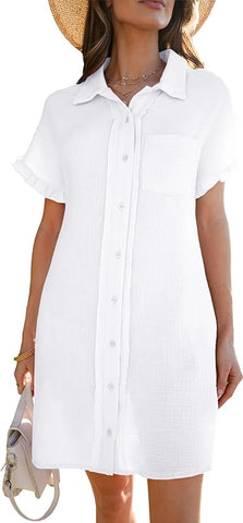 Cream White Women's Beach Cover Up Dress Button Down Shirt Ruffle Sleeves Dresses Casual Summer With Pockets