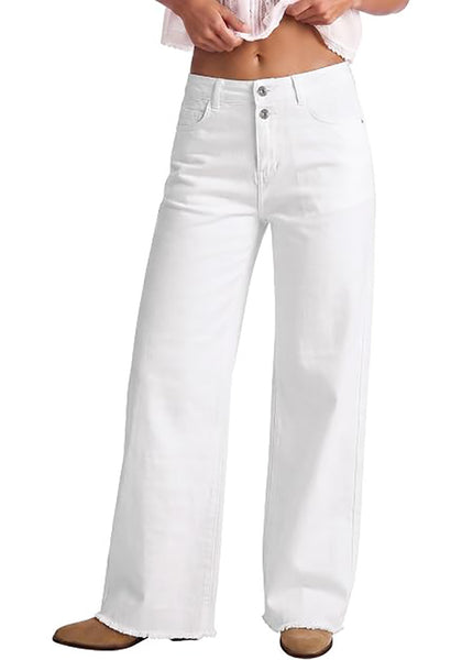 Cream White Women's High Waisted Wide Leg Jeans by luvamia — Stretchy 90s Baggy Straight Denim, Raw Hem, Button Front, 29.5" Inseam, Casual Western Work Pants