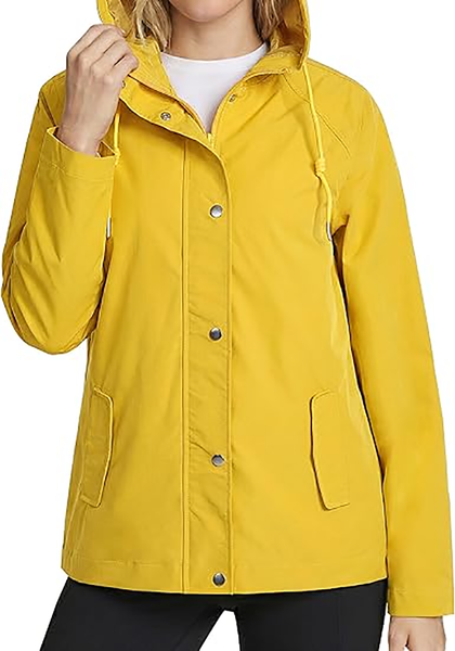 LookbookStore Women's Gold Yellow Waterproof Lightweight Rain Jacket, Adjustable Hood Windbreaker Rain Coat for Hiking & Travel