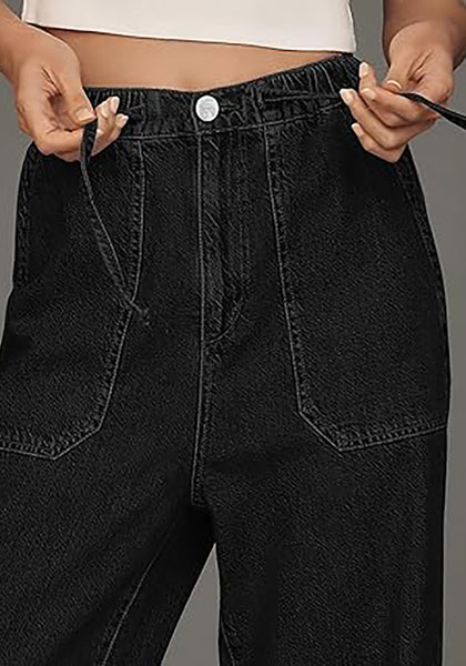 Washed Black Cropped Wide Leg High Waisted Drawstring Denim Jeans For Women