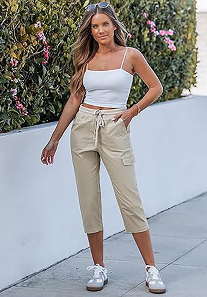 Women's Stretchy High Elastic Waist Wearable Tapered Short Cargo Capri Pants