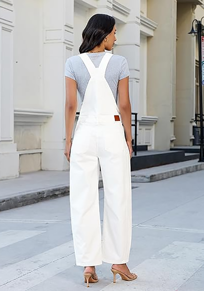 LookbookStore Women's Cream White Denim Overalls Baggy Barrel Leg Stretchy Bib Jumpsuit Adjustable Straps Casual Fit