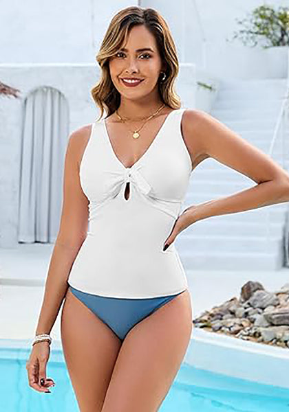 High Stretch One Piece Swimsuit Tie Front Keyhole Sleeveless Tank Style Swimwear