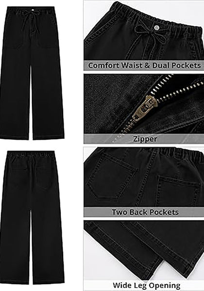 Washed Black Cropped Wide Leg High Waisted Drawstring Denim Jeans For Women