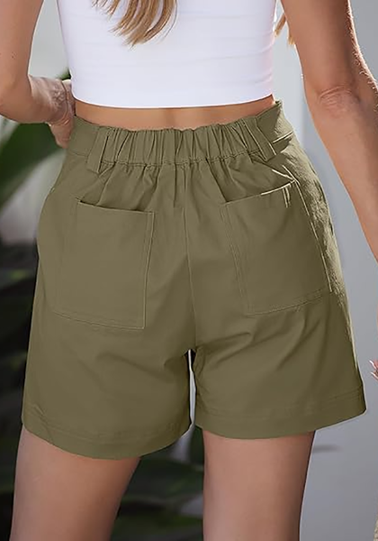 LookbookStore Women Olive Green High Waisted Summer Shorts Casual Dressy Cotton Chino Elastic Waist 5" Inseam Mid Thigh Comfort Shorts