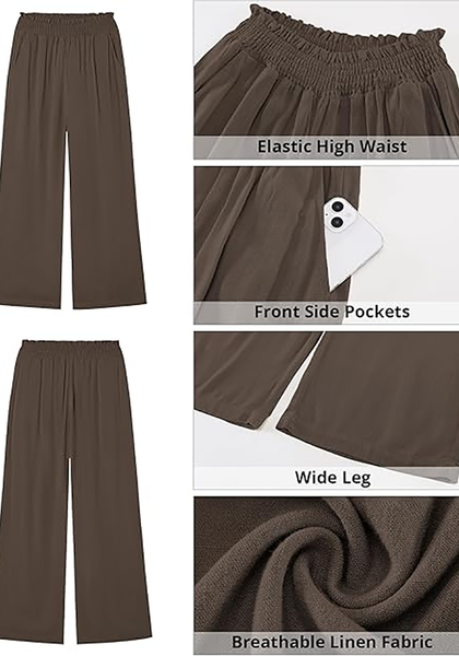LookbookStore Women's Coffee Brown High Waisted Wide Leg Linen Pants Paper Bag Smocked Waist Casual Summer Beach Palazzo Pants