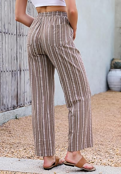 LookbookStore Brown Stripe High Waisted Wide Leg Pants for Women Drawstring Waist Casual Comfort Pants