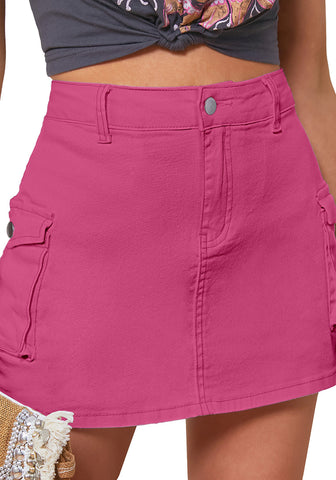 Hot Pink Women's High Waist Cargo Pocket Skirt Y2K Short