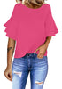 Hot Pink Trumpet Sleeves Keyhole-Back Blouse