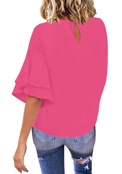 Hot Pink Women's Summer Blouse Casual Ruffle 3/4 Sleeve Tops Loose Shirts