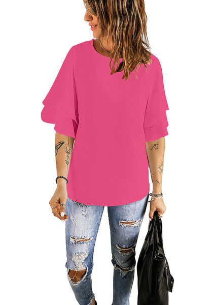 Hot Pink Women's Summer Blouse Casual Ruffle 3/4 Sleeve Tops Loose Shirts