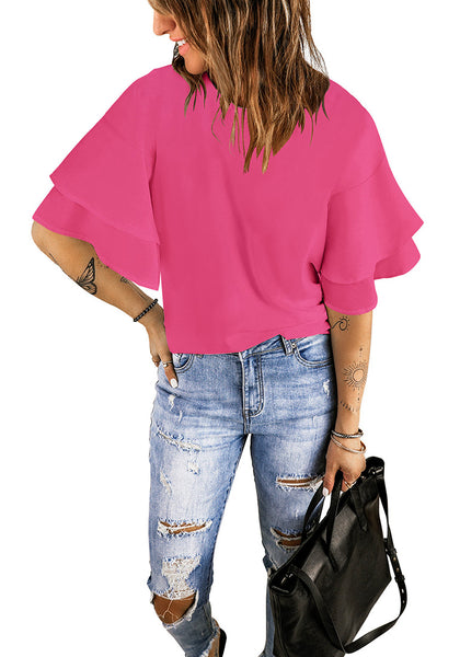 Hot Pink Trumpet Sleeves Keyhole-Back Blouse