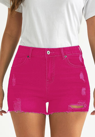 Hot Pink Women's High Waisted Distressed Denim Jeans Shorts Ripped Raw Hem Jean Shorts