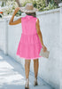 Sachet Pink Women Sleeveless V Neck Button Down Frayed Hem Short Denim Dress