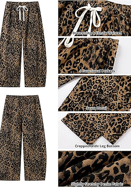 Women's Leopard Print Wide Leg Pants with Drawstring Elastic Waist Casual Loose Trousers for Summer Lounge & Vacation