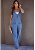 Medium Blue Women's Casual Denim Low Scoop Neckline Jumpsuits With Adjustable Shoulder Pocket Cropped Overalls