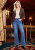 Classic Blue Women's High Waisted Flared Jeans Rhinestone Side Stripes Comfort Stretch Functional Pockets