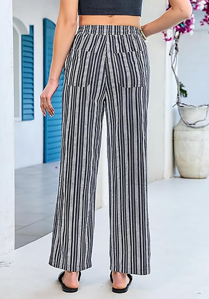 LookbookStore Navy Blue Stripe High Waisted Wide Leg Pants for Women Drawstring Waist Casual Comfort Pants