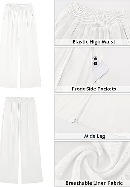 LookbookStore Women's White High Waisted Wide Leg Linen Pants Paper Bag Smocked Waist Casual Summer Beach Palazzo Pants