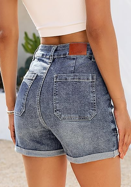 LookbookStore Timeless Blue Women's High Waisted Stretch Denim Shorts with Patch Pockets Rolled Cuff Casual Summer Staple
