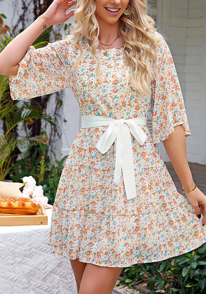 White Floral Floral Babydoll Dress for Women Chiffon Cute Flowy Summer Beach Short Dresses with Pockets
