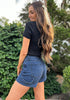 Vintage Blue Women's High Waisted Distressed Denim Jeans Stretchy Summer Casual Shorts