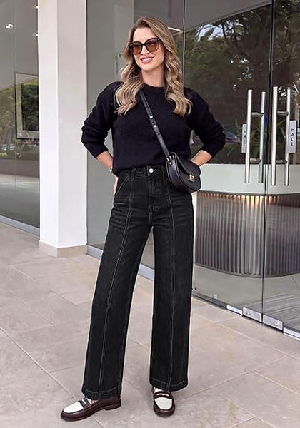 GRAPENT Women's High Waist Wide Leg Jeans | Stretchy Denim, Front Seam, 29.5" Inseam, 4 Pockets, Vintage Distressed, Country Concert Work Casual