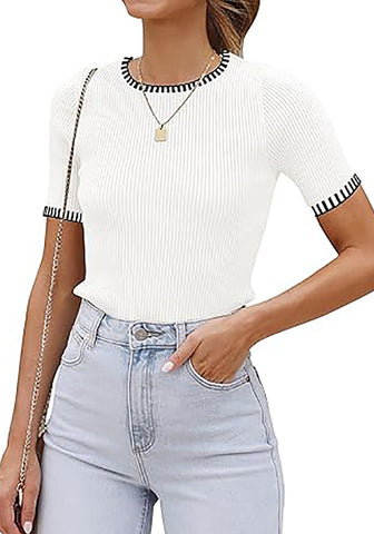 White Women's Color Block Crewneck Knit Short Sleeve Stretch Summer Sweater Top