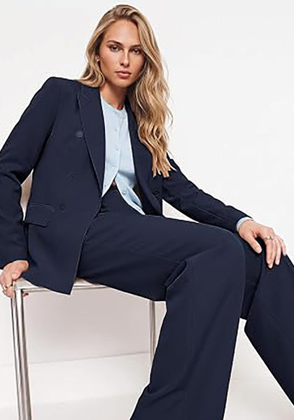 Navy Blue Women's 2 Piece Double Breasted Pantsuit — Double Breasted, Wide Leg & Structured Shoulders, Professional Dressy Pantsuit Set, Office Chic, 2026 Fall Fashion