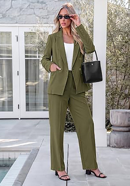 Olive Green Women's 2 Piece Double Breasted Pantsuit — Double Breasted, Wide Leg & Structured Shoulders, Professional Dressy Pantsuit Set, Office Chic, 2026 Fall Fashion