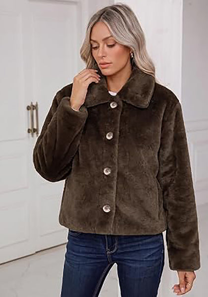 Brown Women's Cropped Fluffy Faux Fur Coat — Oversized Lapel Jacket with Button Down Closure & Warm Lining