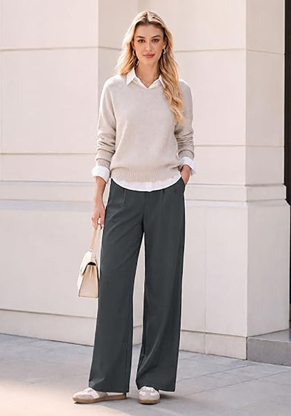 GRAPENT Women's Wide Leg Dress Pants | Pull On Closure, High Waisted, Elastic Back Waist, Front Pleated, Business Casual Office Wear