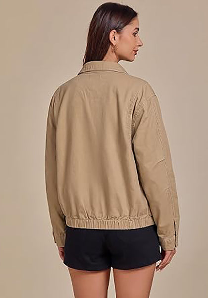 Khaki Women's Funnel Neck Denim Jacket — Oversized Zip Up Jean Jacket with Drop Shoulder, Elastic Hem & Side Slant Pockets