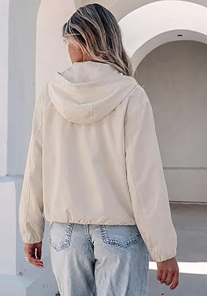Light Gray Women's Trendy Funnel Neck Bomber Jacket — Oversized Cropped Zip Up Hooded Jacket with Stand Collar & Elastic Cuff Hem