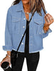 Daylight Blue Women's Denim Collared Jacket With Flap Pocket Button UP Raw Hem Detail Long Sleeve Jean Jackets