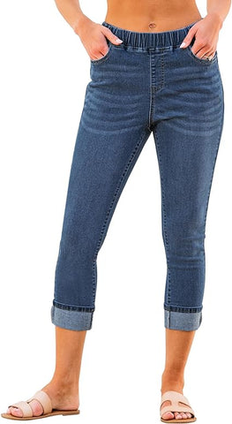 Vintage Dark Blue Women's High Waisted Elastic Slight Stretch Denim Pull On Cuffed Hem Capri Jeans Denim Pants
