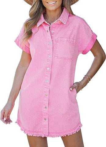 Aurora Pink - Acid Wash Women's Denim Jean Dress Button Down Frayed Hem Jean Short Dresses With Pockets