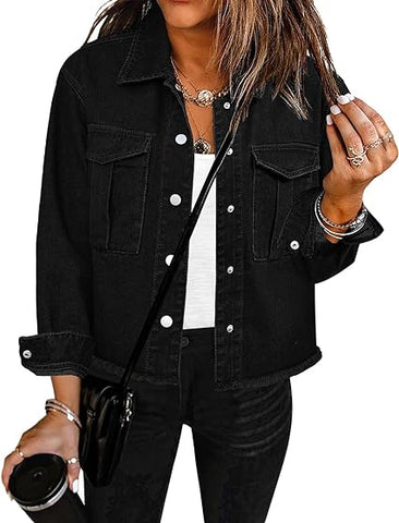 Washed Black Women's Denim Collared Jacket With Flap Pocket Button UP Raw Hem Detail Long Sleeve Jean Jackets